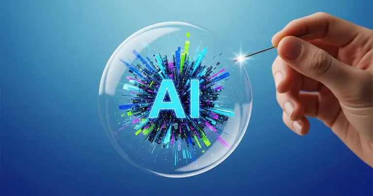 A hand holds a pin poised to pop a transparent bubble containing the letters “AI,” surrounded by a burst of colorful, abstract data-like shapes. The scene conveys tension and fragility, suggesting the potential disruption or hype around artificial intelligence.