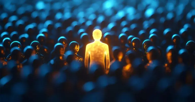 A single glowing human figure stands illuminated in warm light at the center of a dense crowd of dark, shadowed silhouettes. The surrounding figures are dim and indistinct, emphasizing contrast and a sense of individuality or isolation. The scene has a dramatic, cinematic tone with cool blue hues in the background.