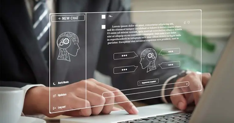 Hands type on a laptop beside a coffee cup while a translucent interface overlays the scene, showing a chatbot dashboard with options like “New Chat,” “Dark Mode,” “Updates,” and “Log out.” The screen displays placeholder text, chat bubbles, and a “Regenerate response” button, suggesting AI prompt engineering.