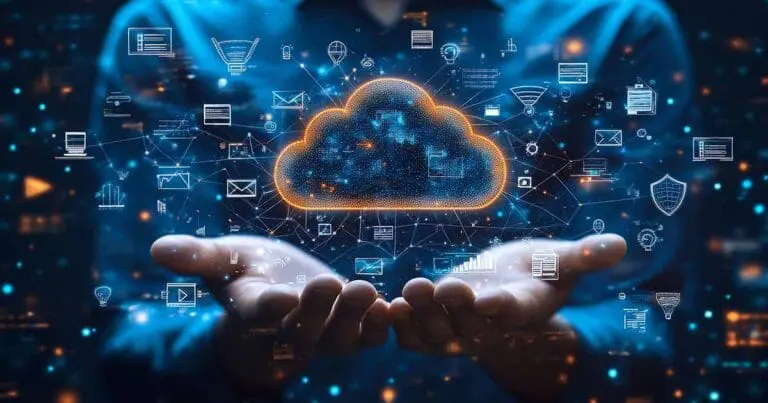 Glowing digital cloud hovers above outstretched hands, surrounded by connected icons for data, email, security, and analytics. Blue and orange network lines link the symbols, conveying a complex, interconnected SaaS ecosystem and the challenges of managing its security.