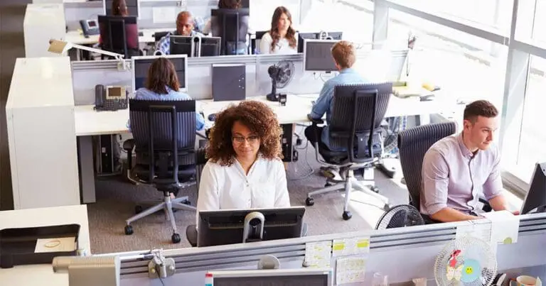 Open-plan office with employees seated at computer workstations, focused on their screens in a bright, modern workspace. The scene conveys a structured, stable work environment, aligning with themes of employees job hugging rather than moving between jobs.