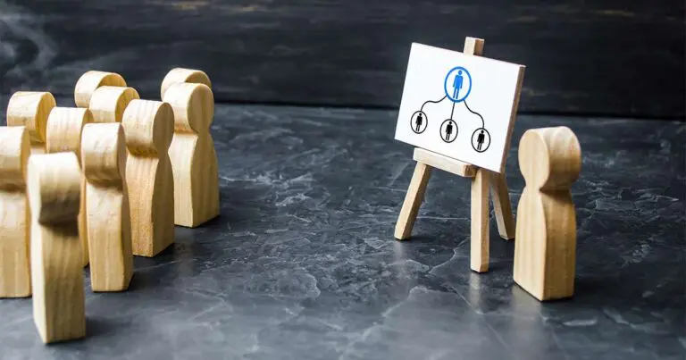 Wooden figurines arranged like a team face a small presentation board displaying a simple organizational chart, while a single figure stands beside the easel as if leading a discussion. The dark background and minimalist setup illustrate leadership structure, coaching, and team management concepts.
