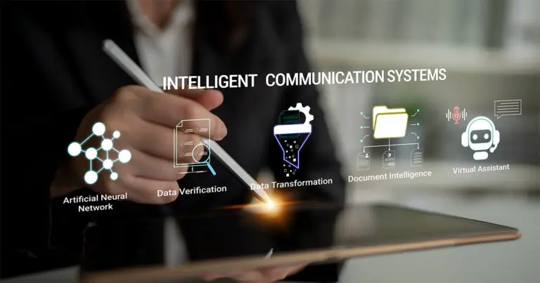 A person uses a stylus on a tablet while a digital interface overlays the scene with the headline “INTELLIGENT COMMUNICATION SYSTEMS.” Icons and labels for “Artificial Neural Network,” “Data Verification,” “Data Transformation,” “Document Intelligence,” and “Virtual Assistant” illustrate AI-driven communication and information-processing technologies.