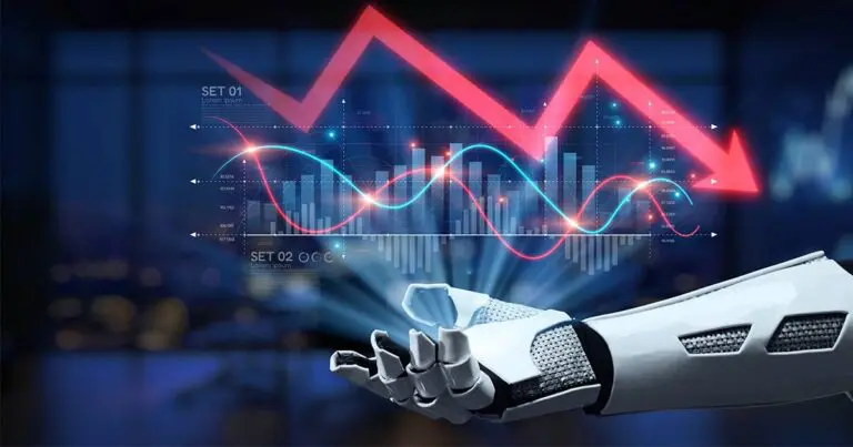A robotic hand extends toward a digital dashboard displaying bar charts and intersecting data lines, while a large red arrow trends sharply downward across the screen. The futuristic financial graphic suggests AI-driven analysis amid declining market performance or economic uncertainty.