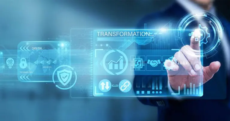 A business professional interacts with a glowing digital dashboard displaying the word “TRANSFORMATION,” alongside icons for cybersecurity, data, automation, connectivity, and analytics. The futuristic interface and upward-trending charts convey enterprise technology modernization and digital transformation initiatives.