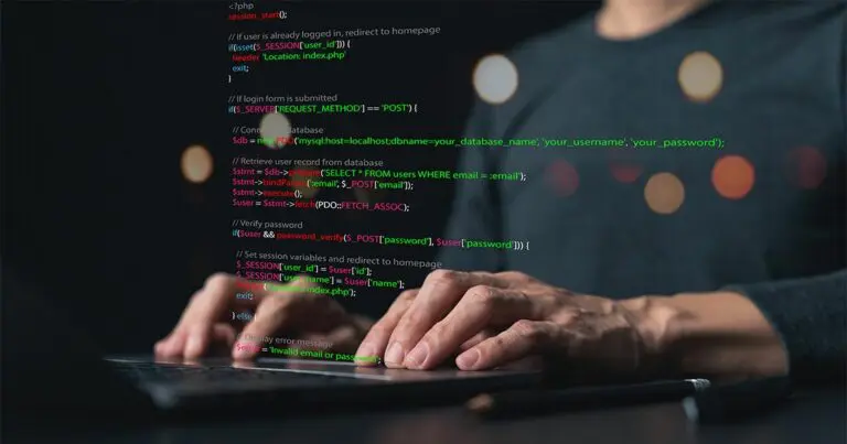 Hands typing on a laptop keyboard with lines of software code overlaid across the screen, creating a layered view of programming work. The dark, focused composition conveys software development and technical infrastructure, reflecting the growing role of platform engineering and its impact on engineering teams and hiring.