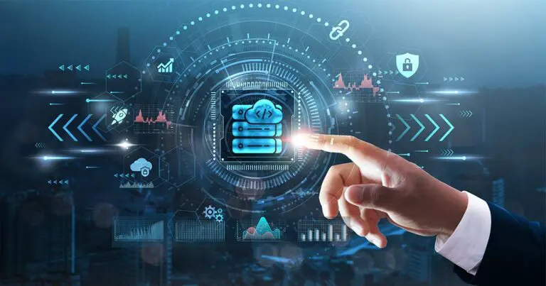 A hand in a business suit reaches toward a glowing digital interface featuring a central cloud-and-server icon surrounded by circular data visualizations and technology symbols. Floating graphics including charts, security locks, connectivity icons, and analytics overlays appear against a blurred city skyline, conveying themes of cloud computing, data management, and digital transformation.