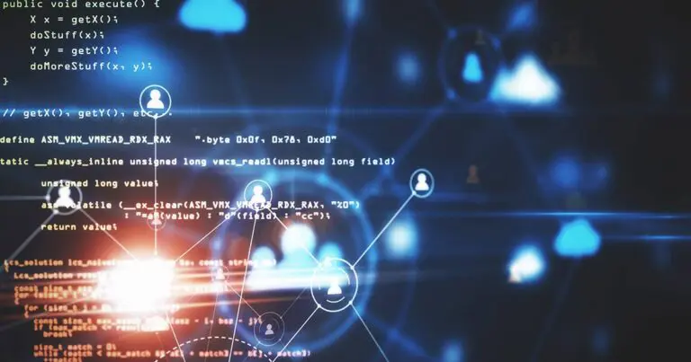 Abstract digital illustration of source code overlaid with glowing network lines, user profile icons, cloud symbols, and padlock graphics, suggesting AI-powered recruiting, data connectivity, and cybersecurity. The image has a blue-toned, futuristic style, with the filename text “ai-recruiting-starts-with-visibility-ai-cant-recommend-what-it-cant-find” visible along the bottom edge.