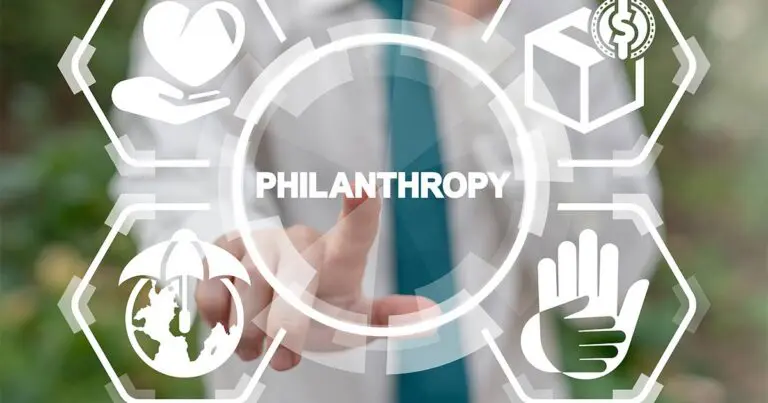 A person in business attire reaches toward a digital interface displaying the word “PHILANTHROPY” at the center, surrounded by icons representing charitable giving, environmental stewardship, ethical business, and financial support. The conceptual graphic illustrates the role of purpose-driven values and social impact alongside business and technology, reinforcing the theme that companies succeeding in the AI era should optimize for purpose as well as profit.