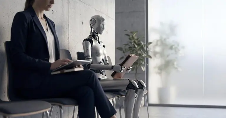 A humanoid robot and a business professional sit side by side in a modern waiting area, each holding a tablet while facing forward. The scene illustrates AI and human candidates in a hiring context, reinforcing the article's focus on whether employers should allow AI during job interviews and hire for AI fluency.