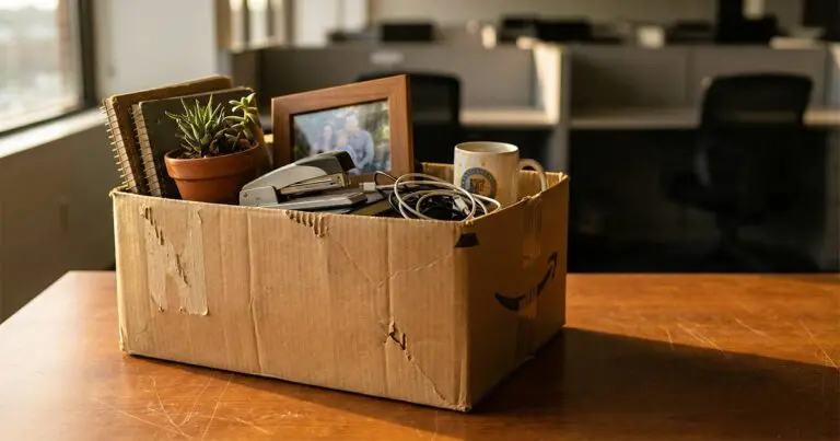 A worn cardboard box filled with office belongings, including a plant, notebooks, a framed family photo, a coffee mug, cables, and a stapler, sits on a desk in a mostly empty office. The image conveys job loss and workplace restructuring, illustrating layoffs affecting senior design and product leaders at Sonos.