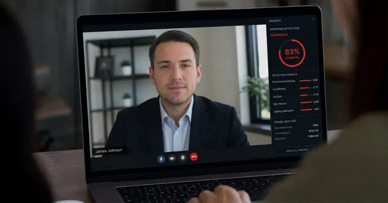 A laptop displays a remote job candidate on a video call while deepfake detection software flags the person as “Suspicious” with an 83% probability. Detection signals for facial inconsistencies, eye blinking, lip sync, skin texture, and lighting mismatch appear alongside the video.