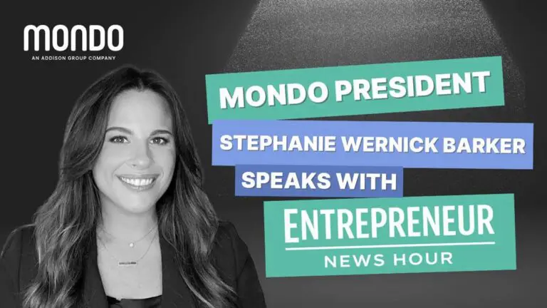 Mondo President Stephanie Wernick Barker smiles beside bold text reading, “Mondo President Stephanie Wernick Barker speaks with Entrepreneur News Hour,” against a dark background.