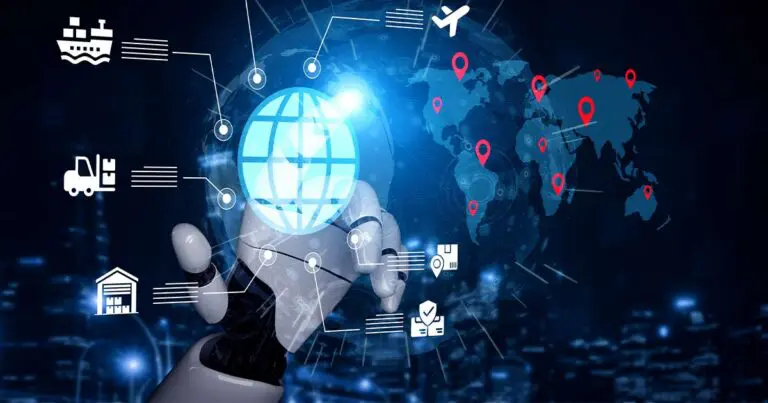 A robotic hand reaches toward a glowing digital globe overlaid on a world map, with location markers and icons representing shipping, air freight, trucking, warehousing, and logistics. The futuristic blue graphic conveys the global reach and technology-driven growth of modern industries.