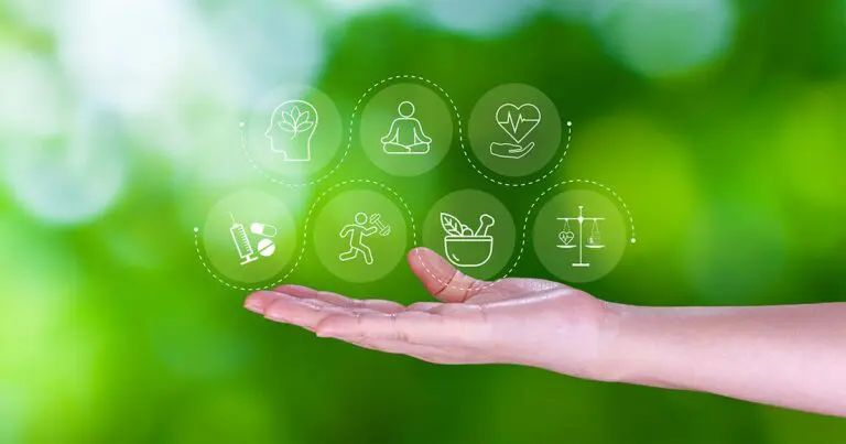 An outstretched hand supports icons representing mental health, meditation, heart health, medicine, fitness, nutrition, and wellness, set against a soft green background.