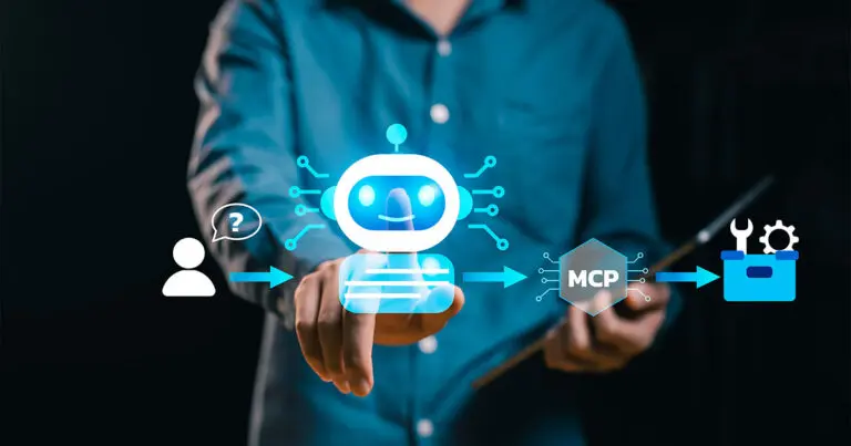 A person in a blue shirt interacts with a glowing AI chatbot icon, illustrating a workflow connecting a user’s question to an AI agent, an MCP (Model Context Protocol) interface, and automated tools. Blue arrows show how AI systems connect with enterprise tools to support autonomous operations.