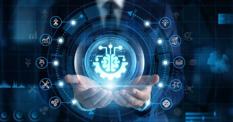 A pair of cupped hands holds a glowing digital sphere featuring a brain and gear symbol, representing predictive AI. A circular network of technology, analytics, automation, and innovation icons surrounds the sphere against a dark blue futuristic background.