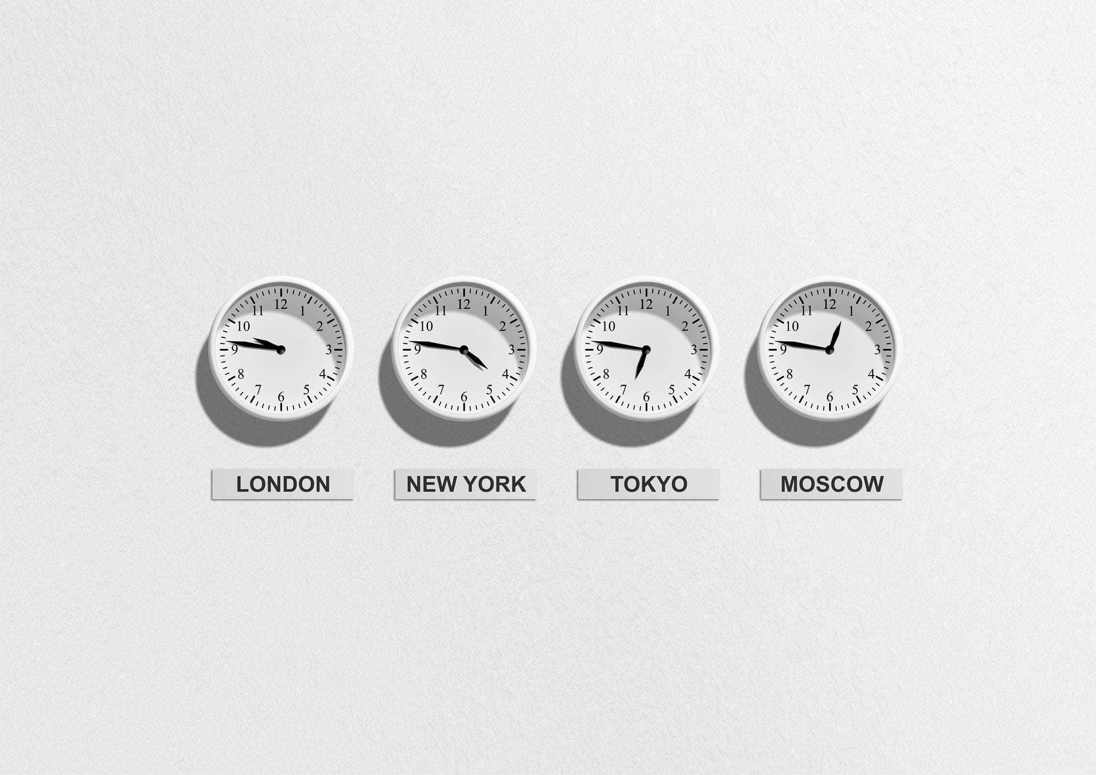 4 clocks showing time in various timezones