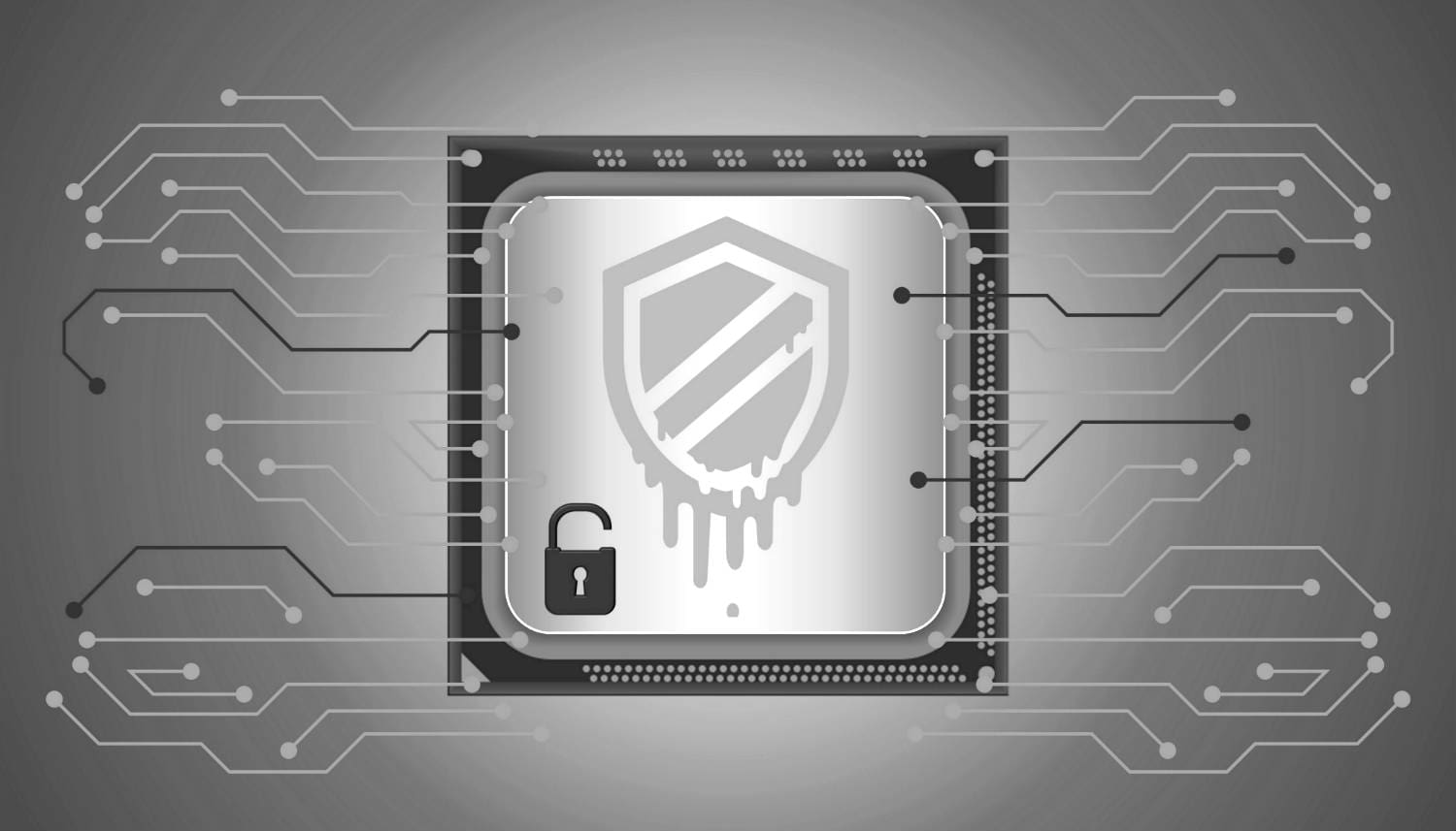 abstract graphic of a CPU with an unlocked padlock icon overlayed
