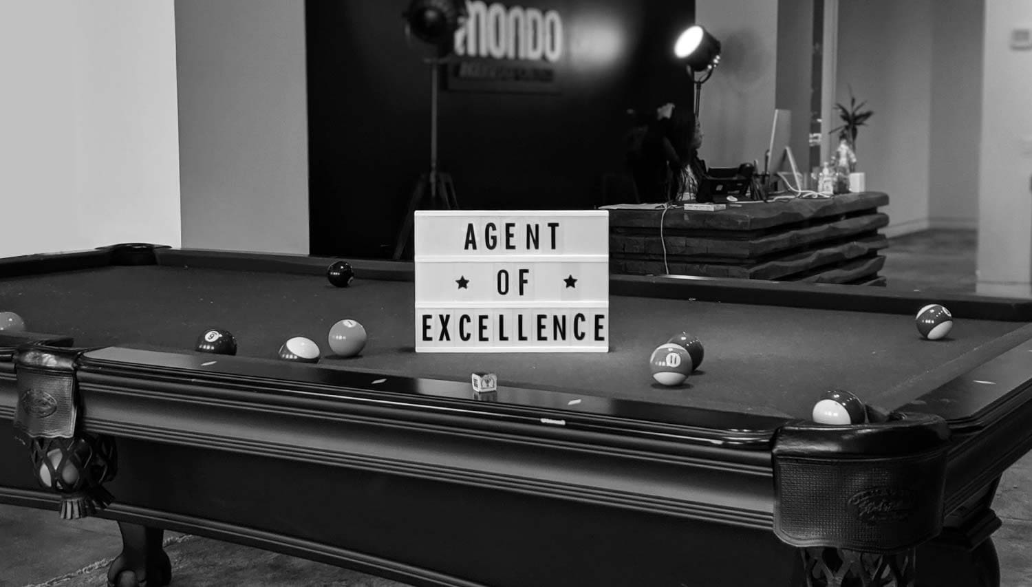 A sign reading -Agent of Excellence- standing on a pool table