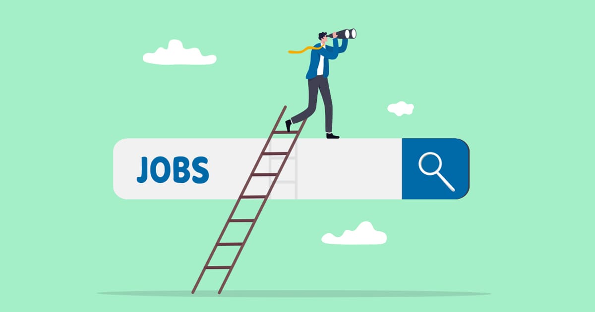 Illustration of a man at the top of a ladder leaning on a job search bar holding a telescope