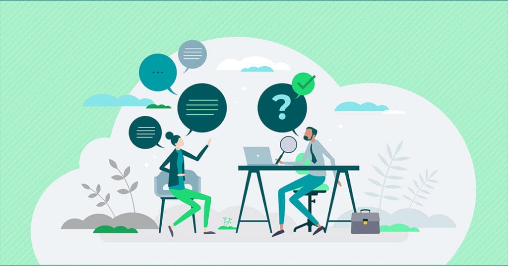 Illustration on a green background of two people sitting across a table from each other with speech bubbles and symbols floating around them to symbolize a conversation