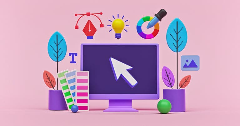 Colorful illustrations on a pink background of a computer screen and other graphic design-related elements
