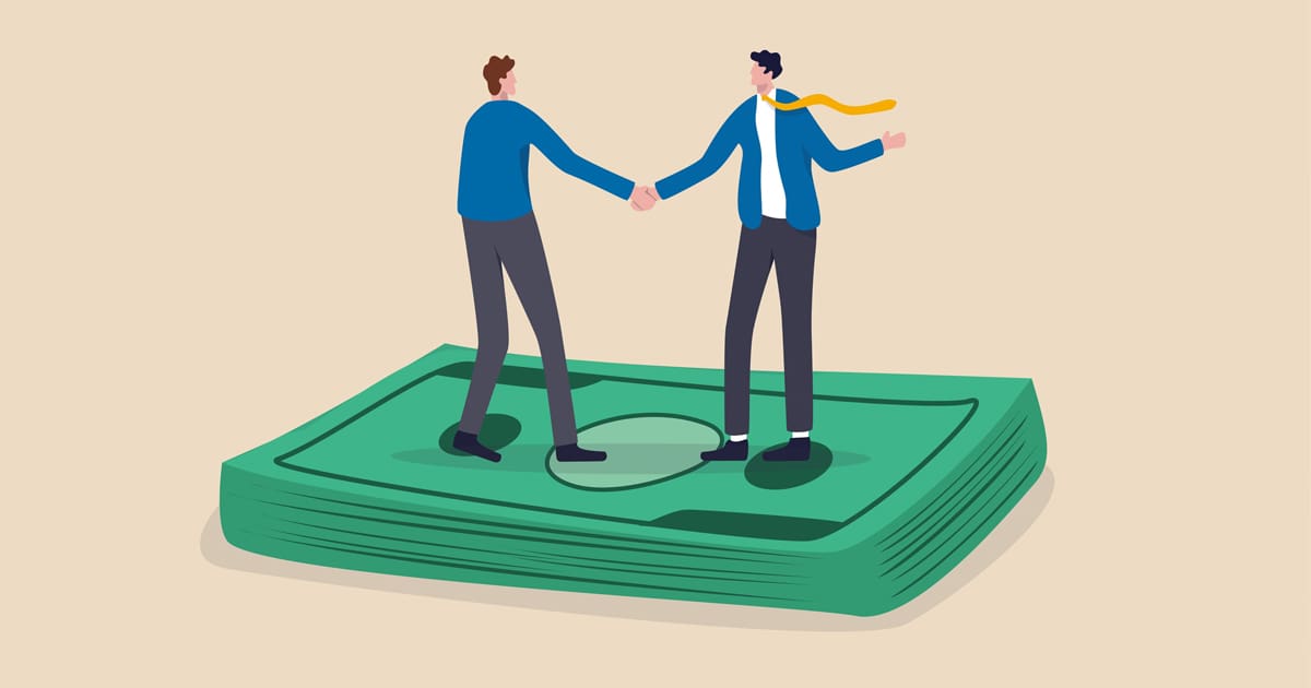 Illustration of two men in black pants and blue shirts shaking hands and standing on top of a stack of money on a tan background