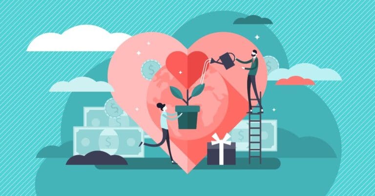 Colorful illustration on a blue-green background of two people standing in front of a heart tending to a plant to grow it together to symbolize philanthropy