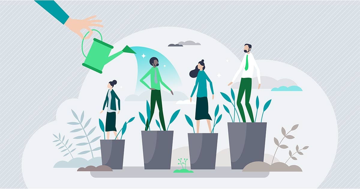 Illustration of a disembodied hand pouring a watering can over four people standing in flower pots to signify nurturing and personal growth