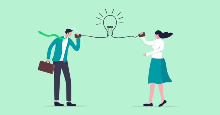 Illustration of two people speaking through tin cans with the string connecting them shaping a lightbulb in the center to represent communication