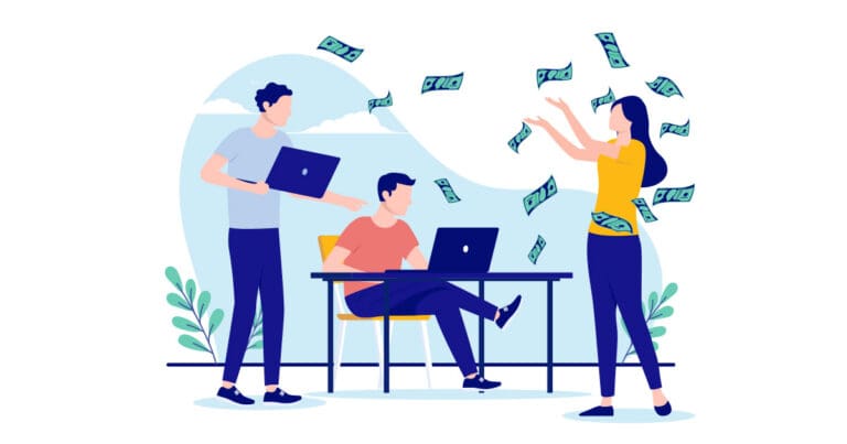 Illustration of money raining down on three people working on computers