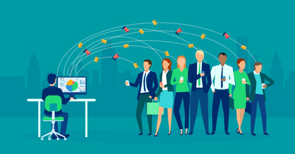 illustration of a person sitting at a desk with a group of business professionals standing next to him all connected by an imagined digital thread