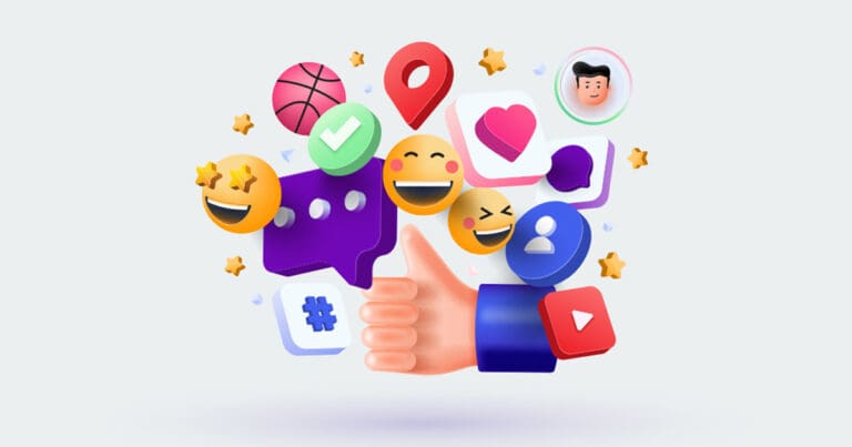 Illustration of various colorful social media-related icons to represent notifications, reactions, and social media actions