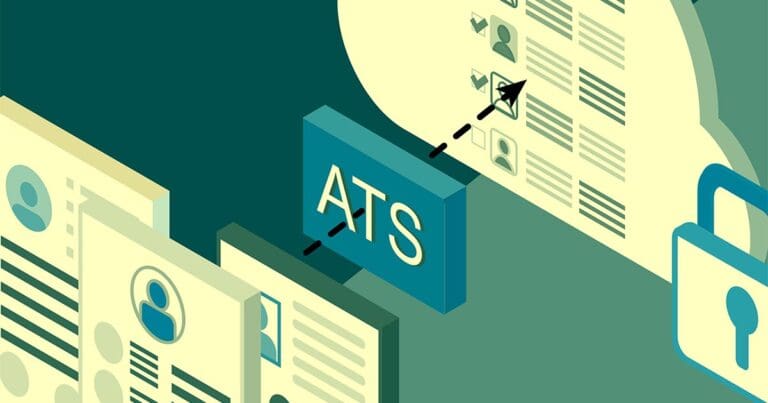 A graphic of resumes filtering through an icon that says ATS to symbolize applicant tracking software