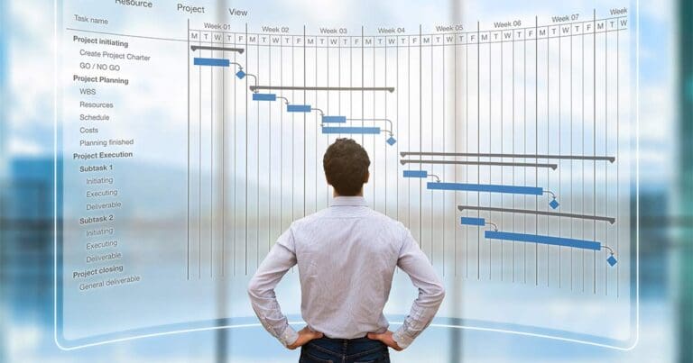 Image of a man standing with his hands on his hips facing and looking up at a large graphic of a project management calendar