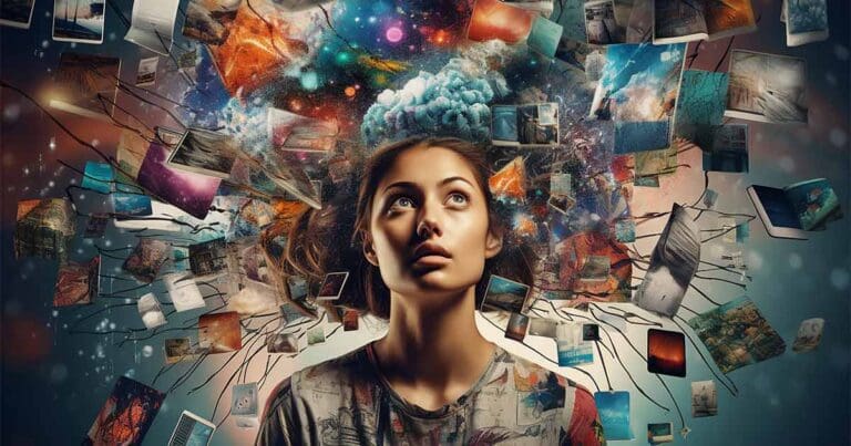 ai generated image of a young light skinned woman from the shoulders up with brown hair in a paint splattered white t-shirt looking up at an explosion of colorful images and digital shapes to symbolize ai overwhelm