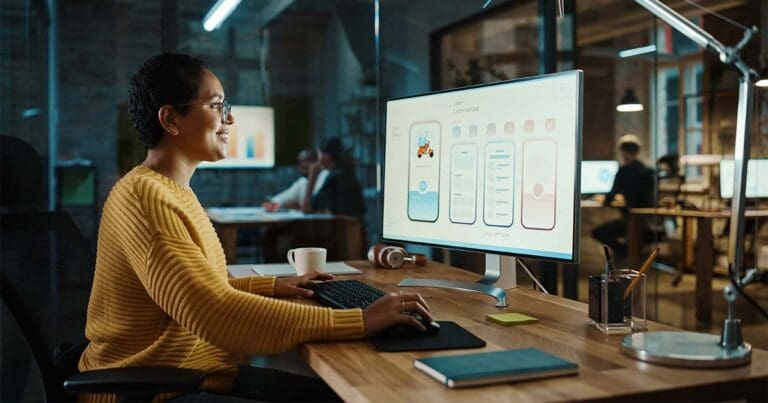 image of a woman in a yellow sweater in sitting and working in front of a large computer at a desk with images of mobile phone layouts on the screen to symbolize UX design