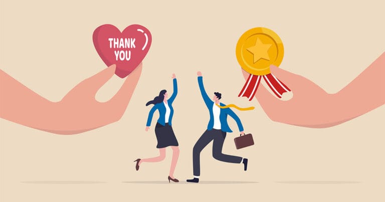 digital illustration of two large disembodied hands coming in from the left and the right of the image holding a heart that says thank you in one and an award ribbon with a star in the other and small female and male professionals reaching for the awards to symbolize employee recognition