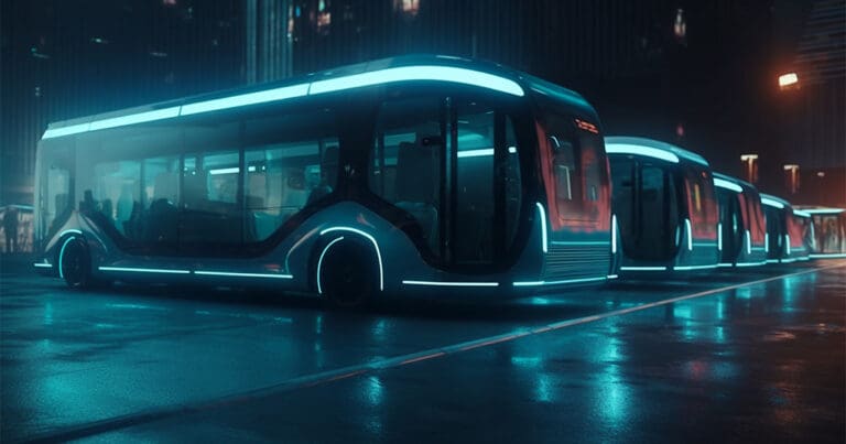 ai generated image of a long row of futuristic looking public transportation busses at night time with led lights lining their borders