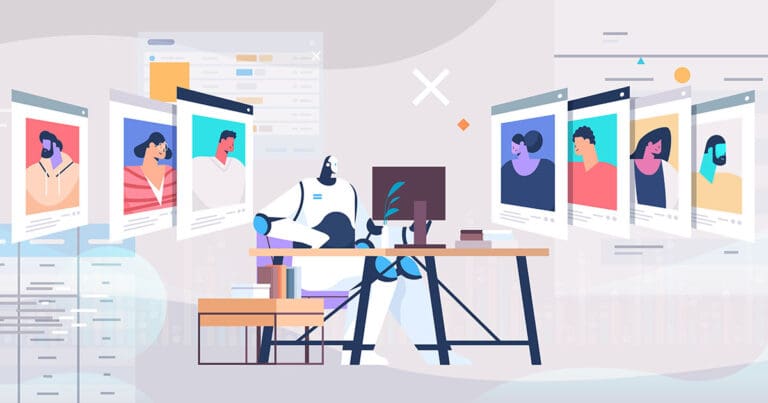 digital illustration of a white and blue robot sitting at a desk surrounded by floating human job profiles to represent ai resume builders